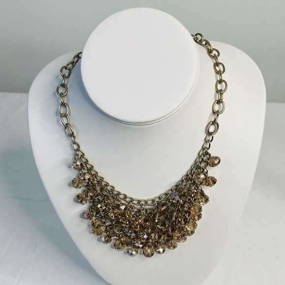 Vintage Gold Tone Crystal Beads Statement Bib Necklace Shimmery Dramatic Party - Picture 6 of 8